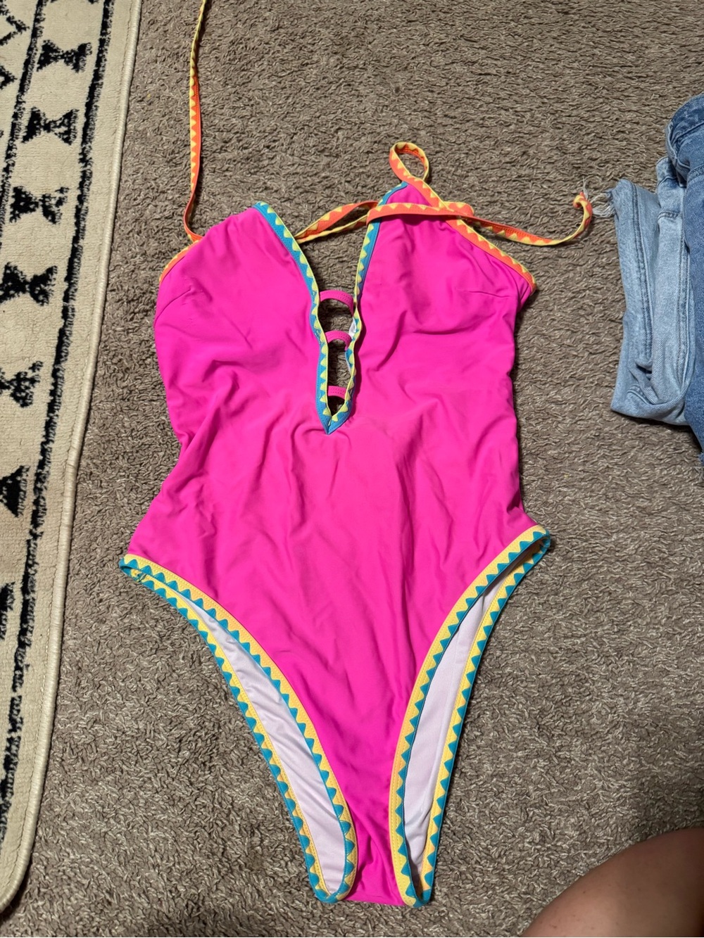 Hot Pink One-Piece Swimsuit with Decorative Trim